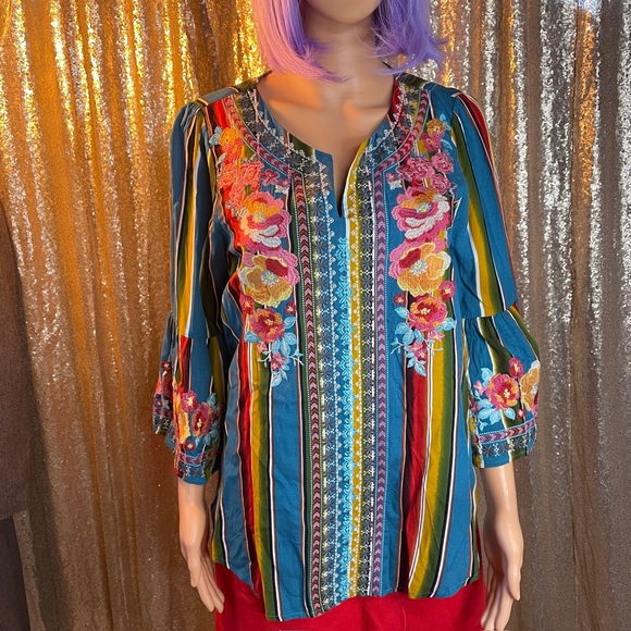 Savanna Jane Embroidered Blouse bell sleeves boho hippie turquoise colorful SZ S - Picture 5 of 11